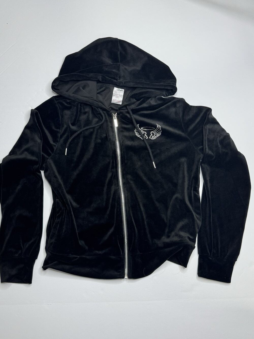 No Boundaries Juniors L Black Velour Rhinestone Angel Wings Zip Hoodie Y2K